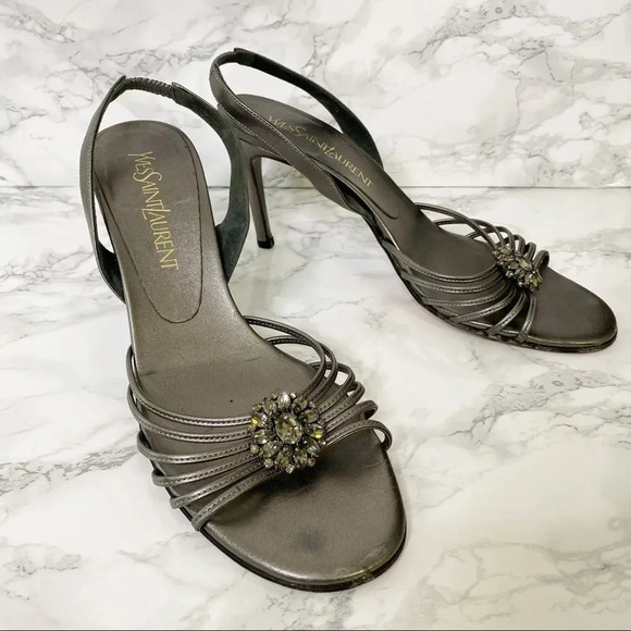Yves Saint Laurent Grey Silver Leather Crystal Embellishment Heels Size 8 - Picture 5 of 9